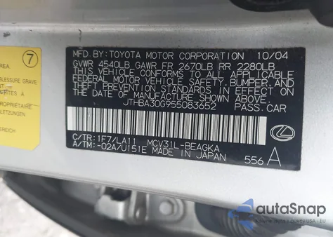 2005 Lexus Es 330 z USA, uszkodzony, nr VIN JTHBA30G955083652